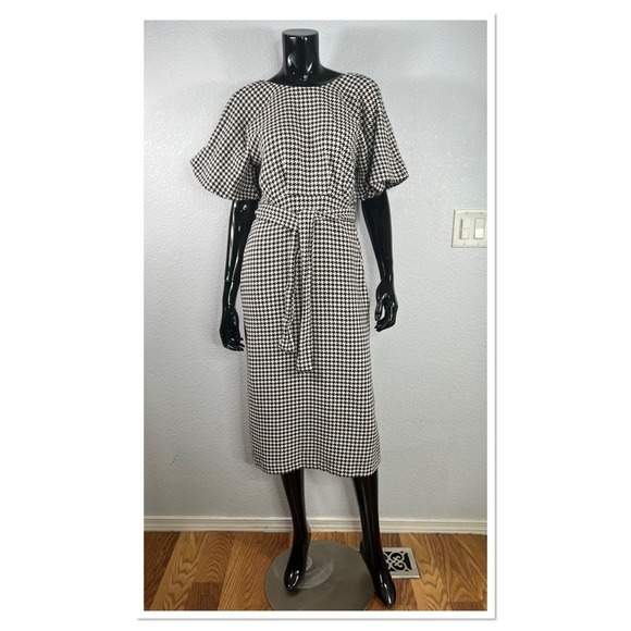 Zara Houndstooth Dress with Puff Sleeves Sz M 100% Cotton Black & White - Picture 3 of 9